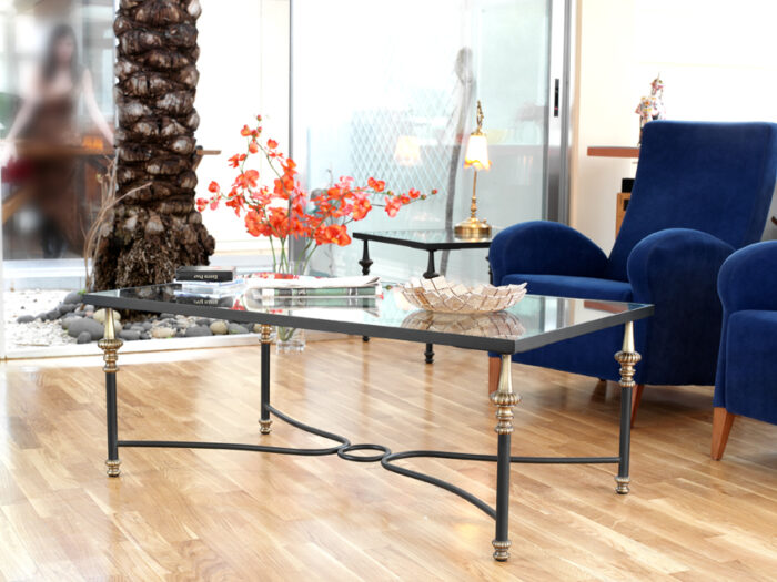 La mesa de centro FORTUNA es una mesa de forja  de estilo clásico está fabricada en acero, piezas decorativas en latón y tapa de cristal. Ofrecemos tres medidas distintas para que la medida no sea impedimento para elegir esta pieza.